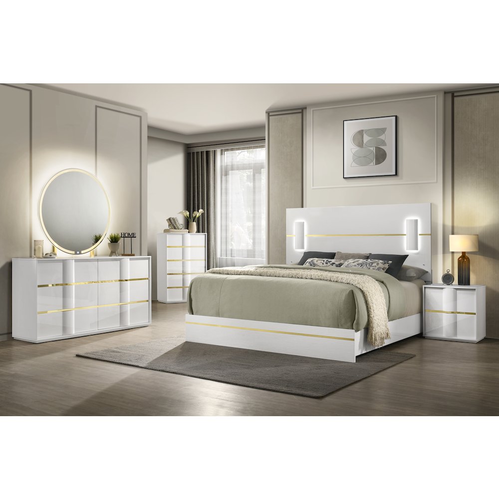 Florence White/Gold Sleek Platform 5-Piece Bedroom Set, Queen