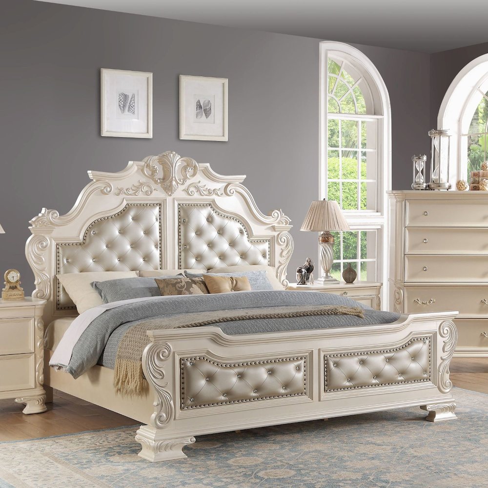 Victoria Pearl White Tufted Upholstered 5-Piece Bedroom Set, King