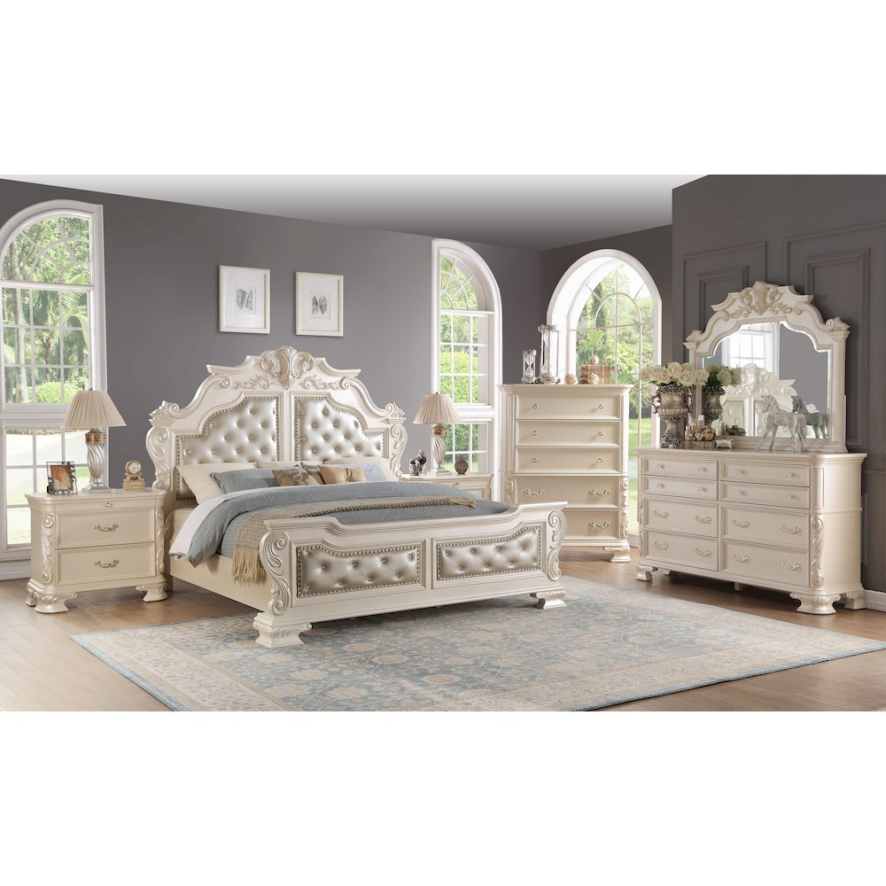 Victoria Pearl White Tufted Upholstered 4-Piece Bedroom Set, Queen