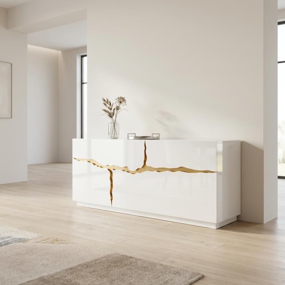 Modern High Gloss MDF Buffet with Gold Accents and Storage Doors for Dining Room