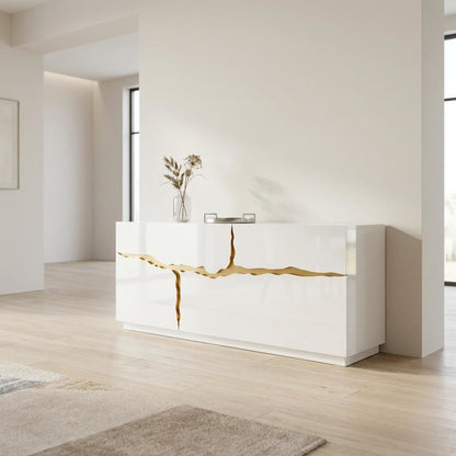Modern High Gloss MDF Buffet with Gold Accents and Storage Doors for Dining Room