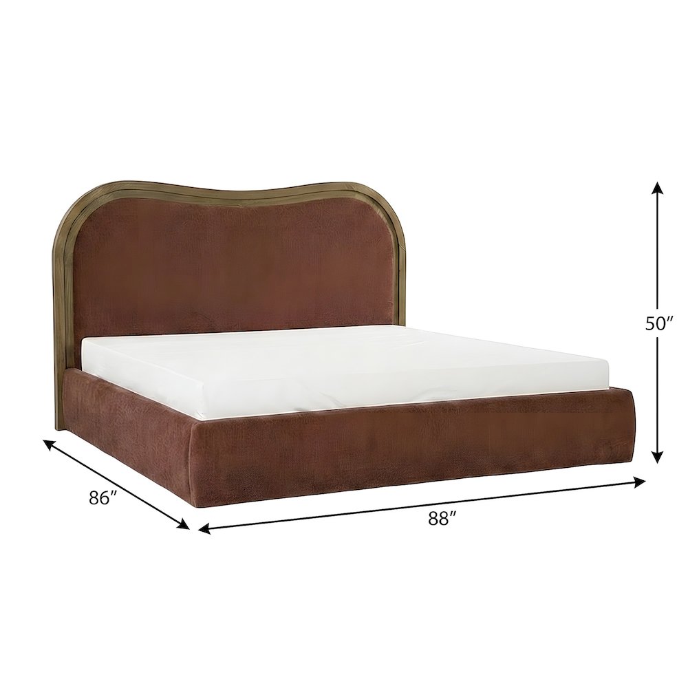 Ash Wood King Platform Bed with Upholstered Art Deco Wave Headboard, Slats