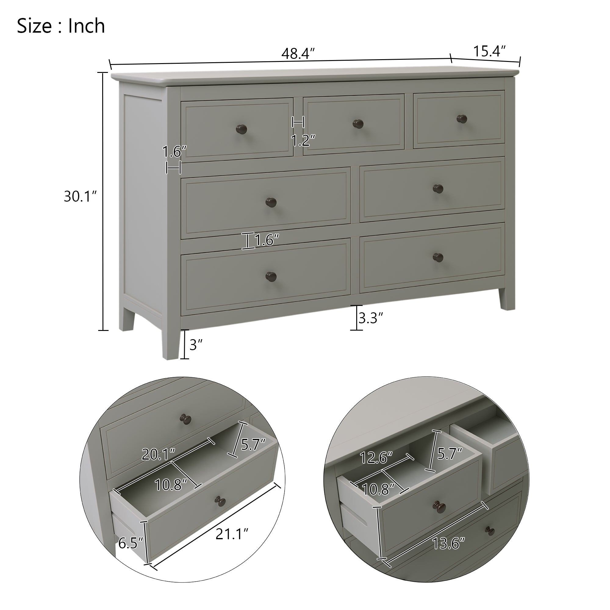 7 Drawers Solid Wood Dresser,Gray(old sku:WF283151AAG)