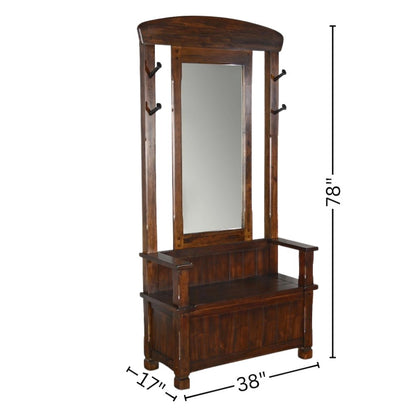 Brown Solid Wood Hall Tree with Storage, 4-Hook Hall Entryway Furniture