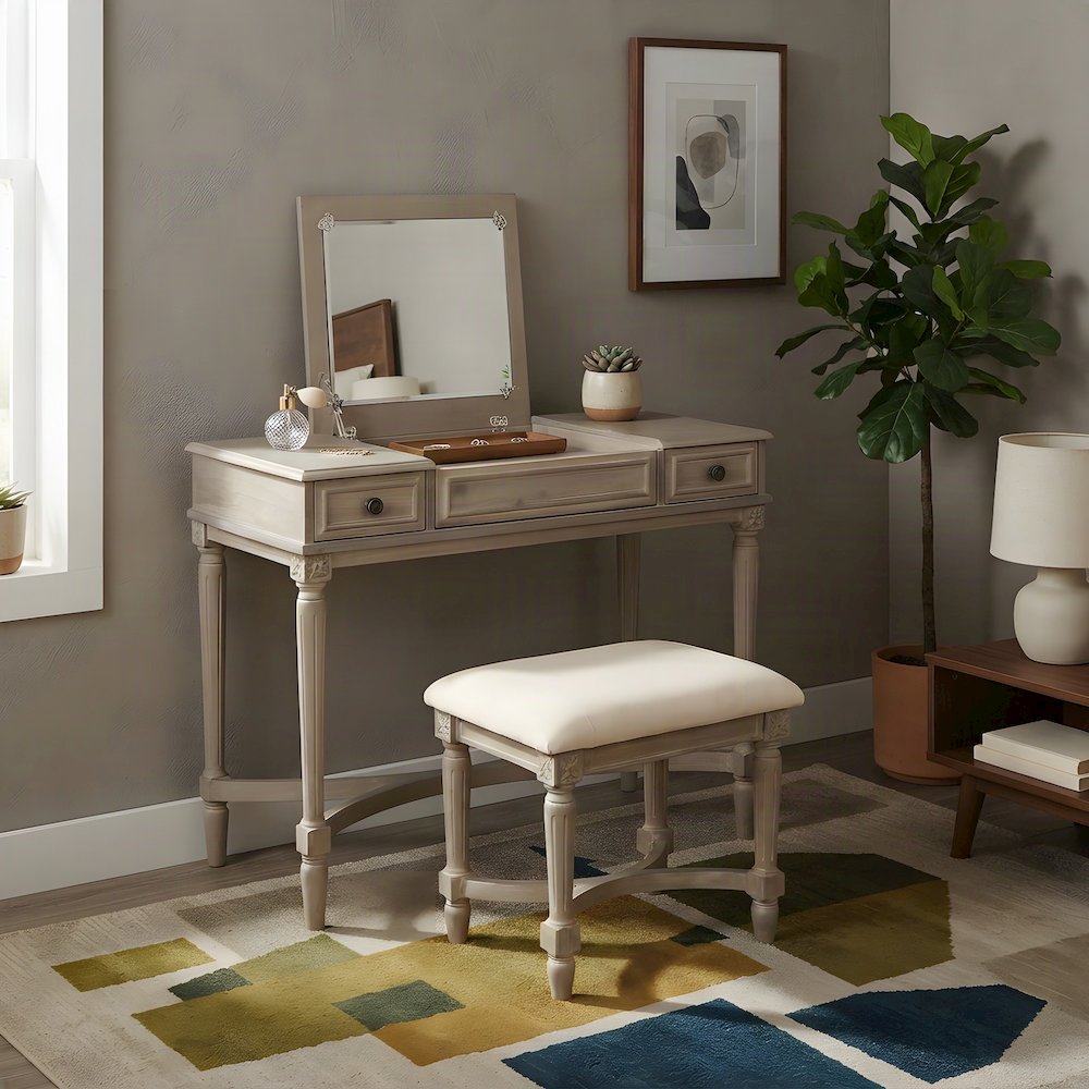 Rubberwood Bedroom Vanity with Lift-Top Storage and Padded Stool, Gray Wash