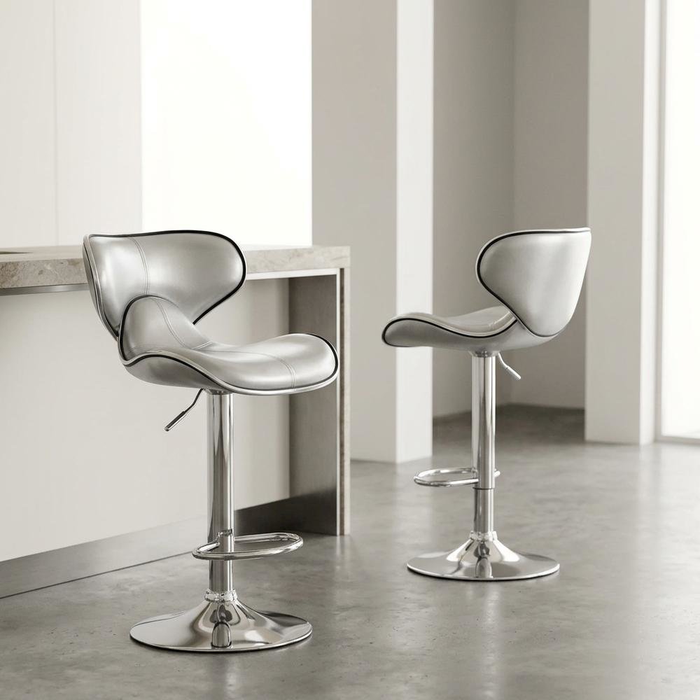 Silver Leatherette Adjustable Swivel Barstool with Chrome Base, Set of 2