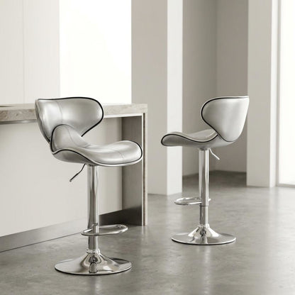Silver Leatherette Adjustable Swivel Barstool with Chrome Base, Set of 2
