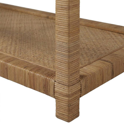 Split Rattan Cocktail Table with Glass Top and Open Wicker Shelf