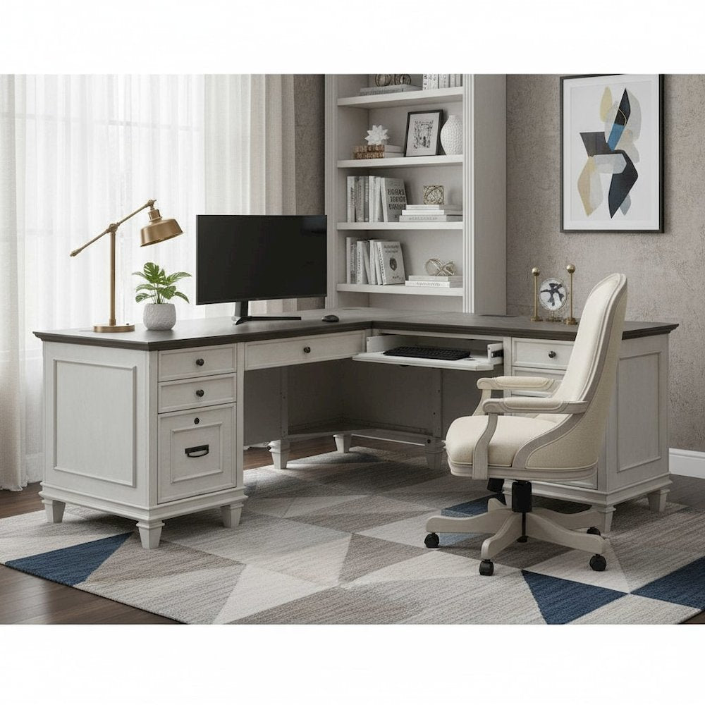 Wood L-Desk & Return, 8 Drawers, 2 Locking Files, Power Center, White