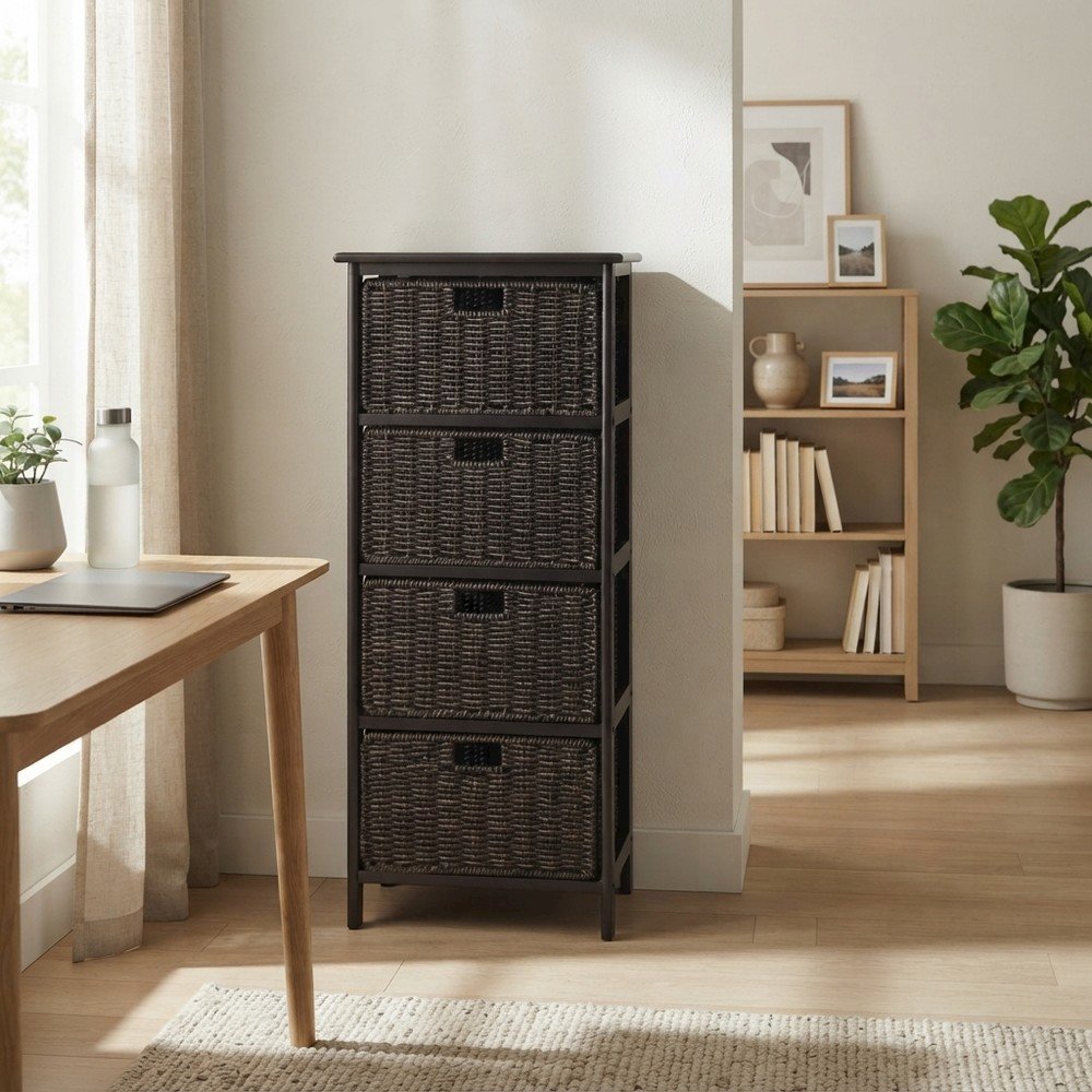 Tall Storage Rack, 4-Tier Shelf, Four Foldable Baskets, Cabinet