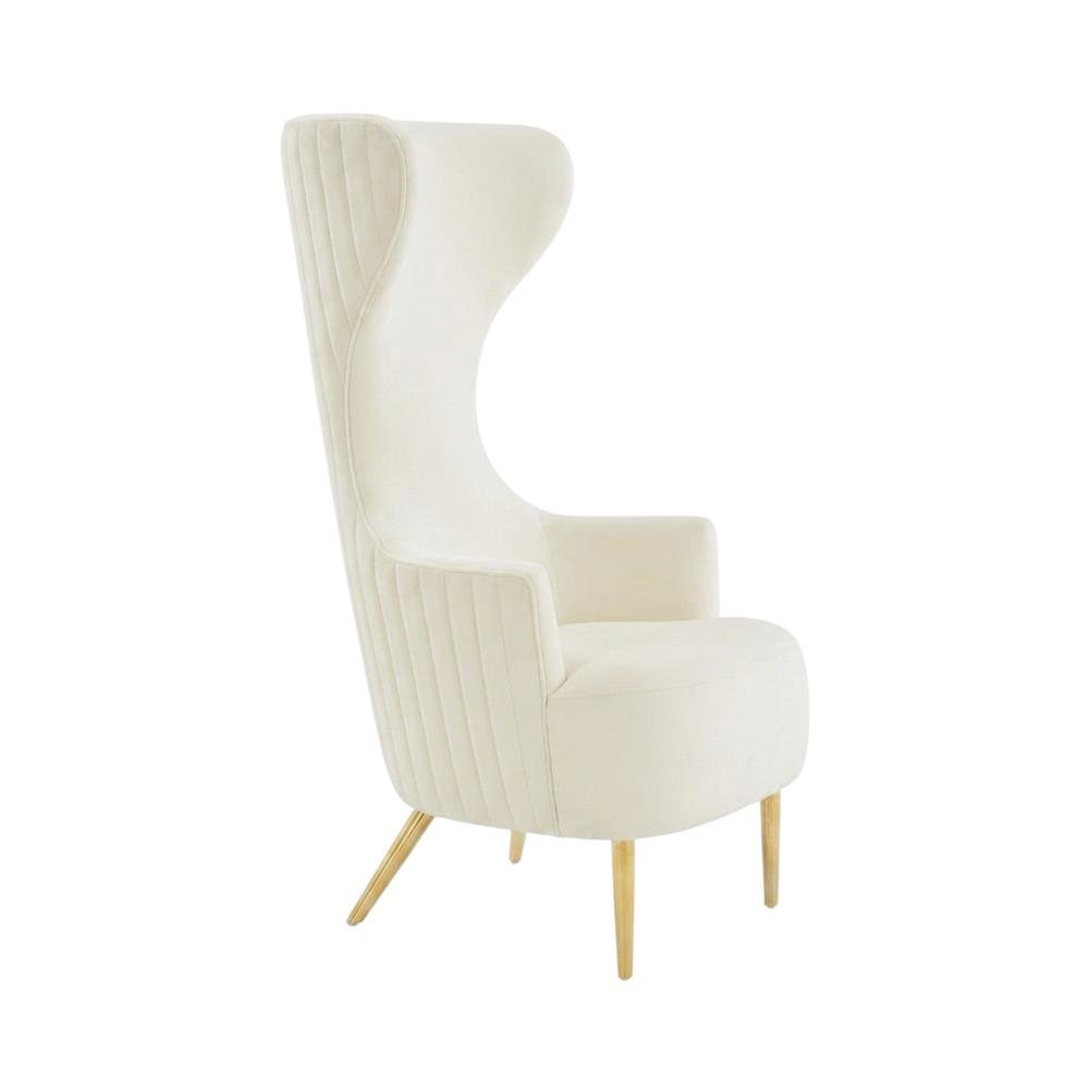 Beige Velvet Wingback Chair With Gold Frame And Channel Tufted Back