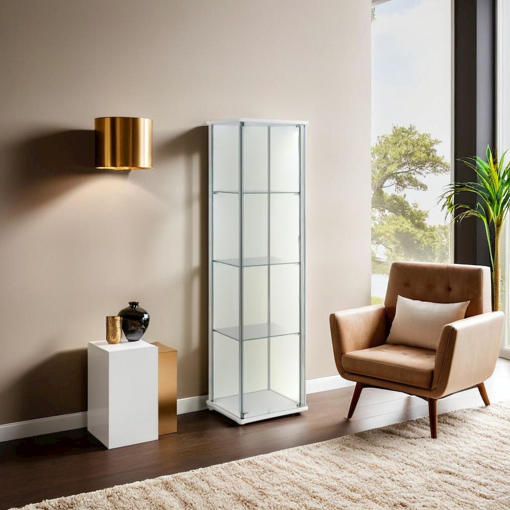 Elegant Rectangular Accent Cabinet with Four Shelves in White and Clear Glass