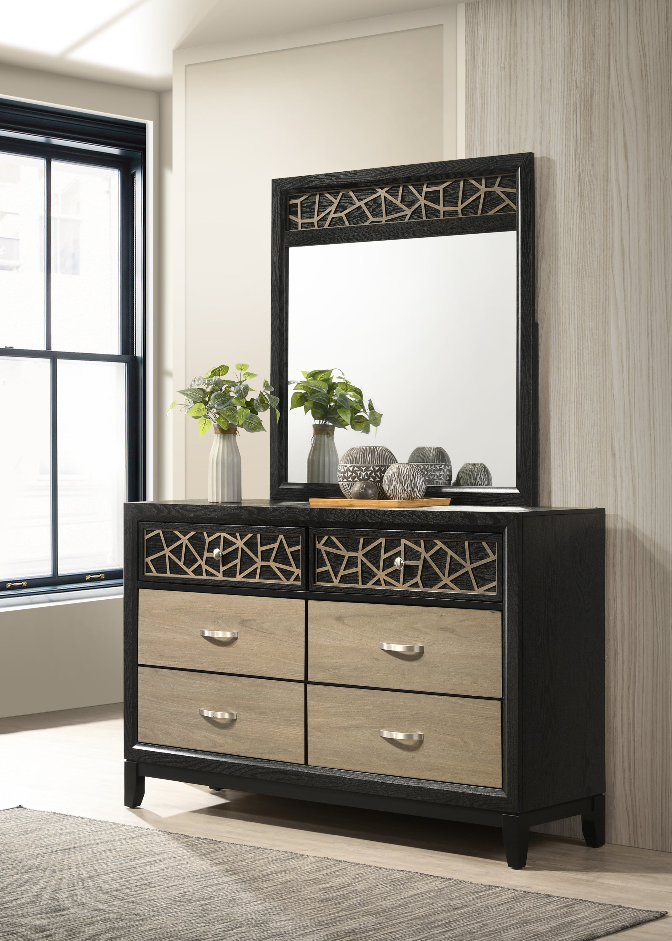 Selena Modern & Contemporary King 4PC Bedroom set Made with Wood in Black and Natural