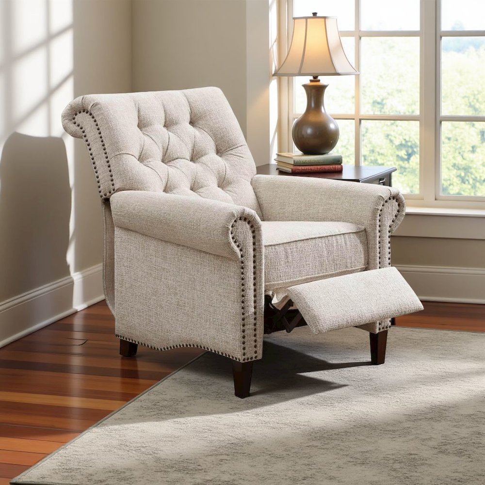 Beige Wingback Recliner Chair – Upholstered Push Back Accent Seat