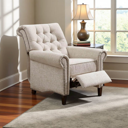 Beige Wingback Recliner Chair – Upholstered Push Back Accent Seat