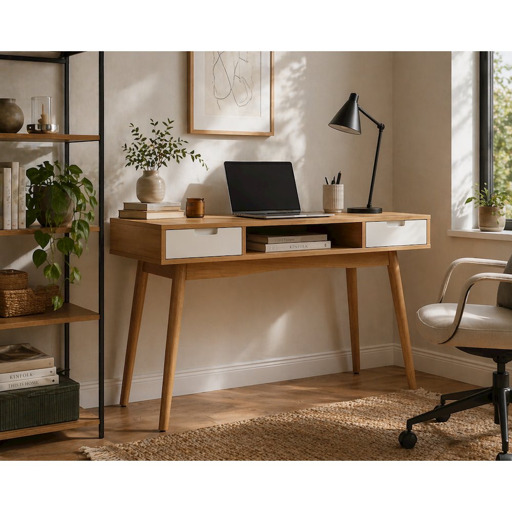 Natural wood office desk with ash veneer and sturdy frame for modern workspace