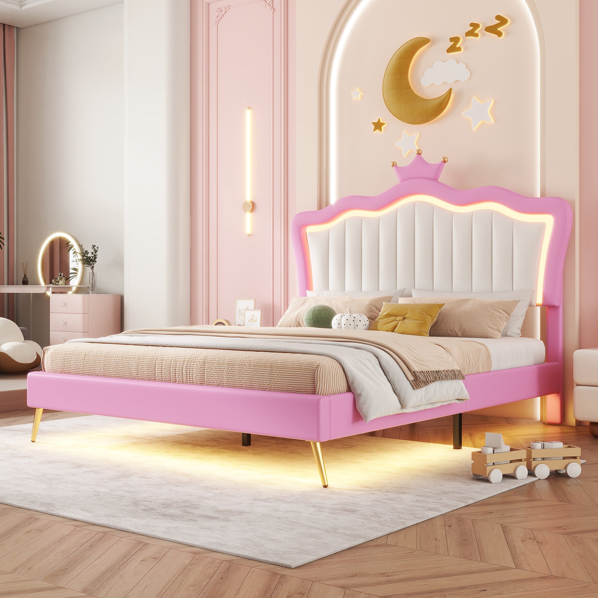 Full Size Upholstered Bed Frame with LED Lights, Modern Upholstered Princess Bed with Crown Headboard, Pink+White