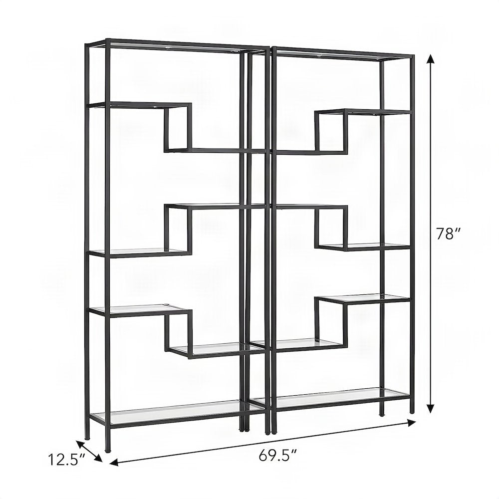 Steel Etagere Set with Tempered Glass Shelves, Matte Black, Set of 2