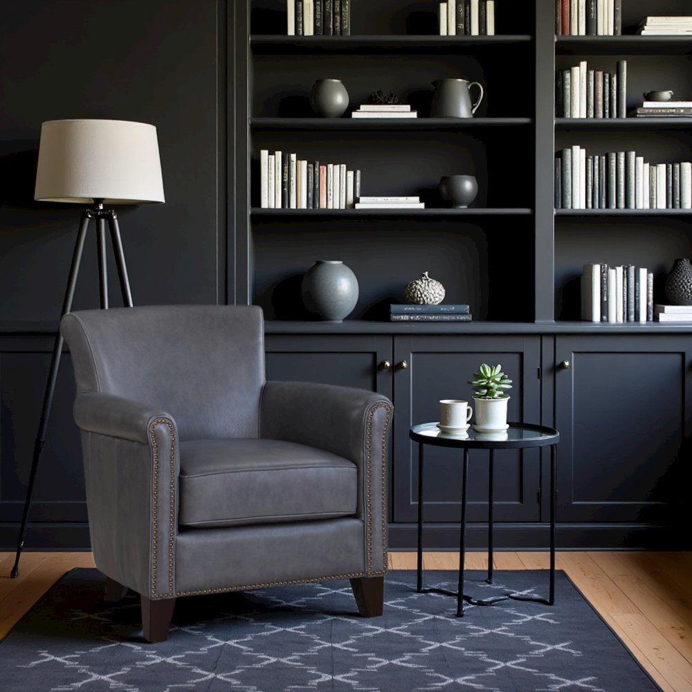 Elegant Burnish Gray Leather Accent Chair with Arm Rest and Nailheads Trim