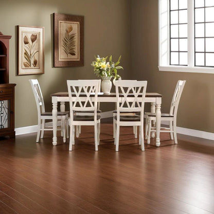 Elegant 7-Piece Dining Table Set in White with Distressed Finish and Chairs