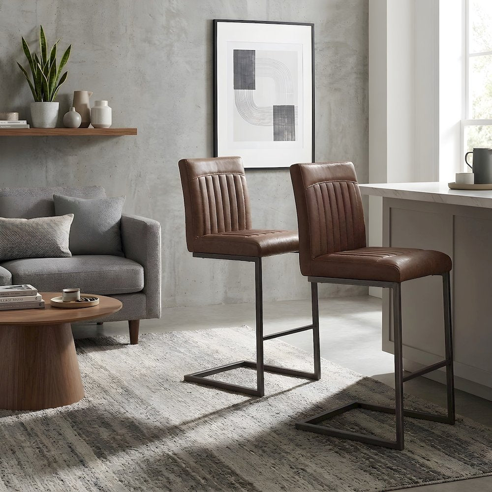 PU-Upholstered Counter Stools with Channel-Tufted Seat, Cigar Brown, Set of 2