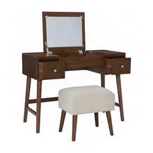 Birch Veneer Vanity Set with Flip-Top Mirror and Upholstered Stool, Brown