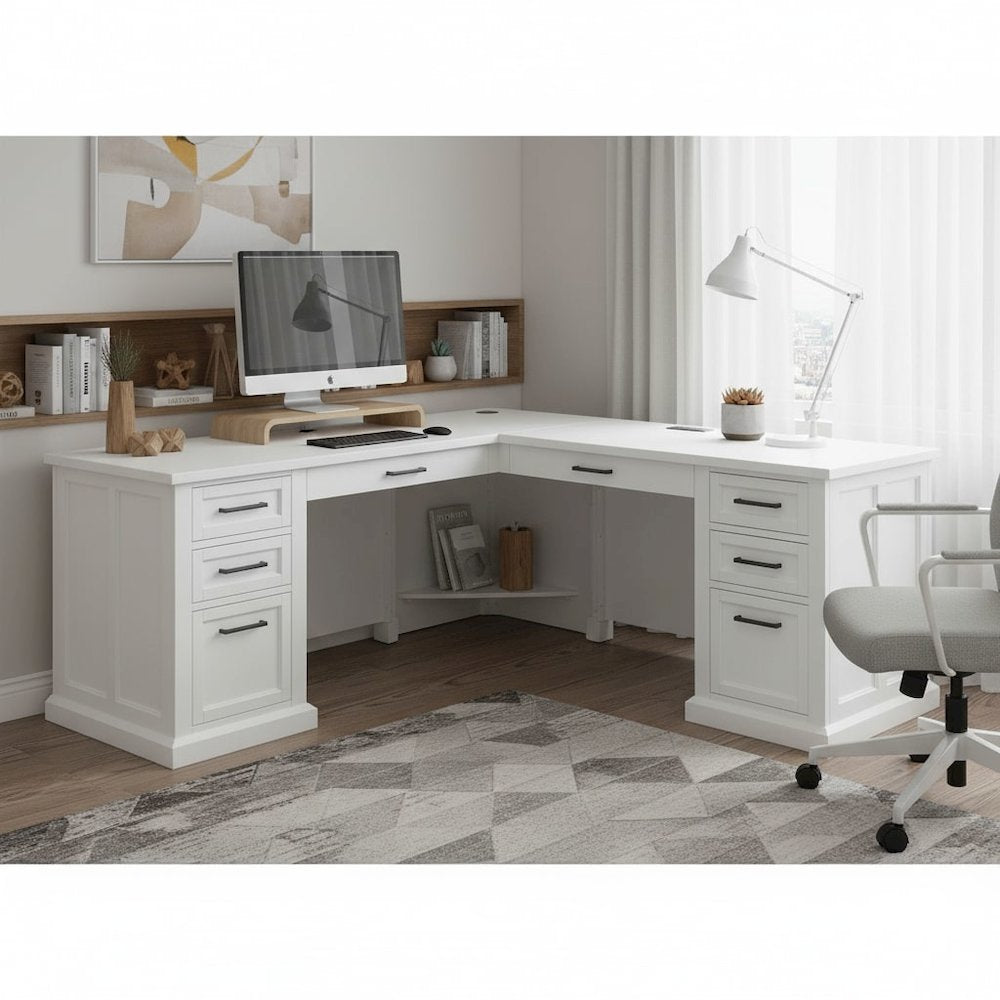 Wood L-Desk & Return, 6 Drawers, 2 Locking Files, Power Center, White