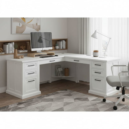 Wood L-Desk & Return, 6 Drawers, 2 Locking Files, Power Center, White