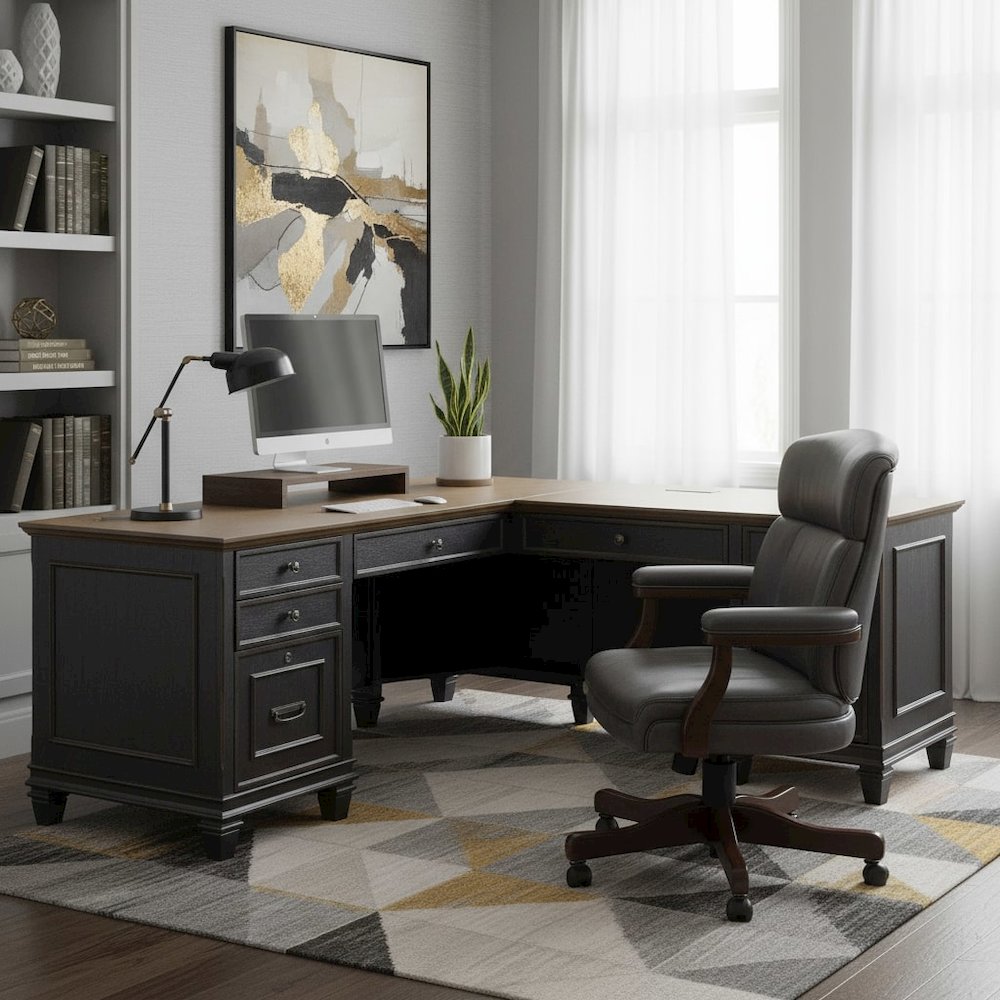 L-Desk & Return, 8 Drawers, Locking File, Brown