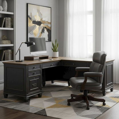 L-Desk & Return, 8 Drawers, Locking File, Brown