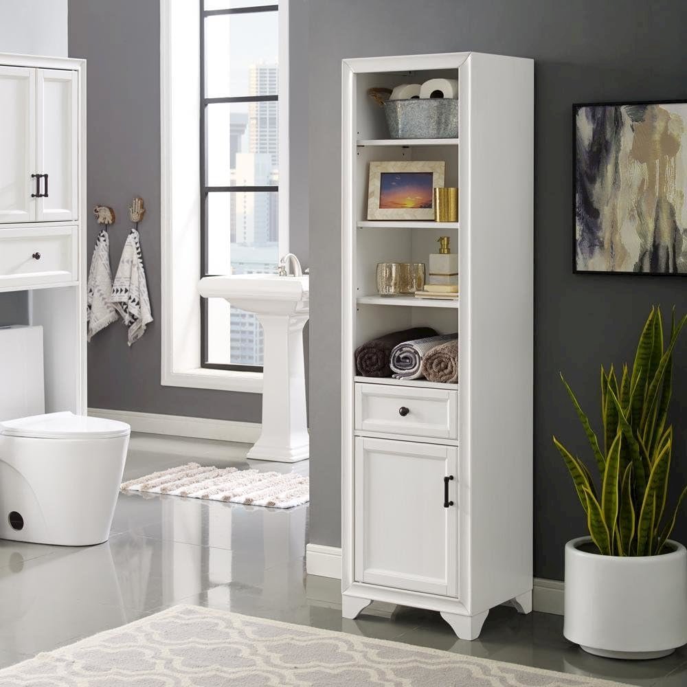 White linen cabinet with anti-tip hardware and sturdy construction