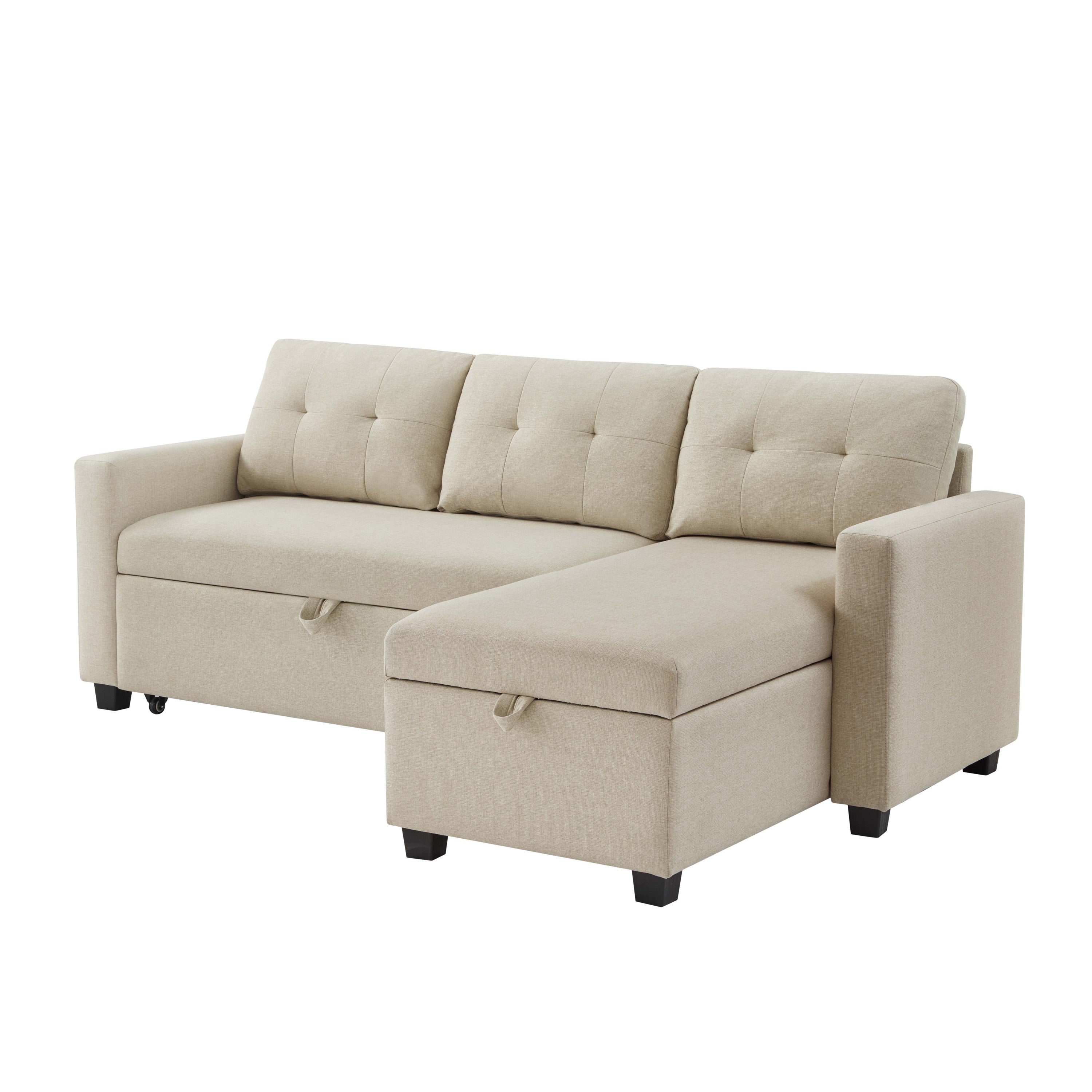 Upholstered Pull Out Sectional Sofa with Storage Chaise, Convertible Corner Couch, Beige