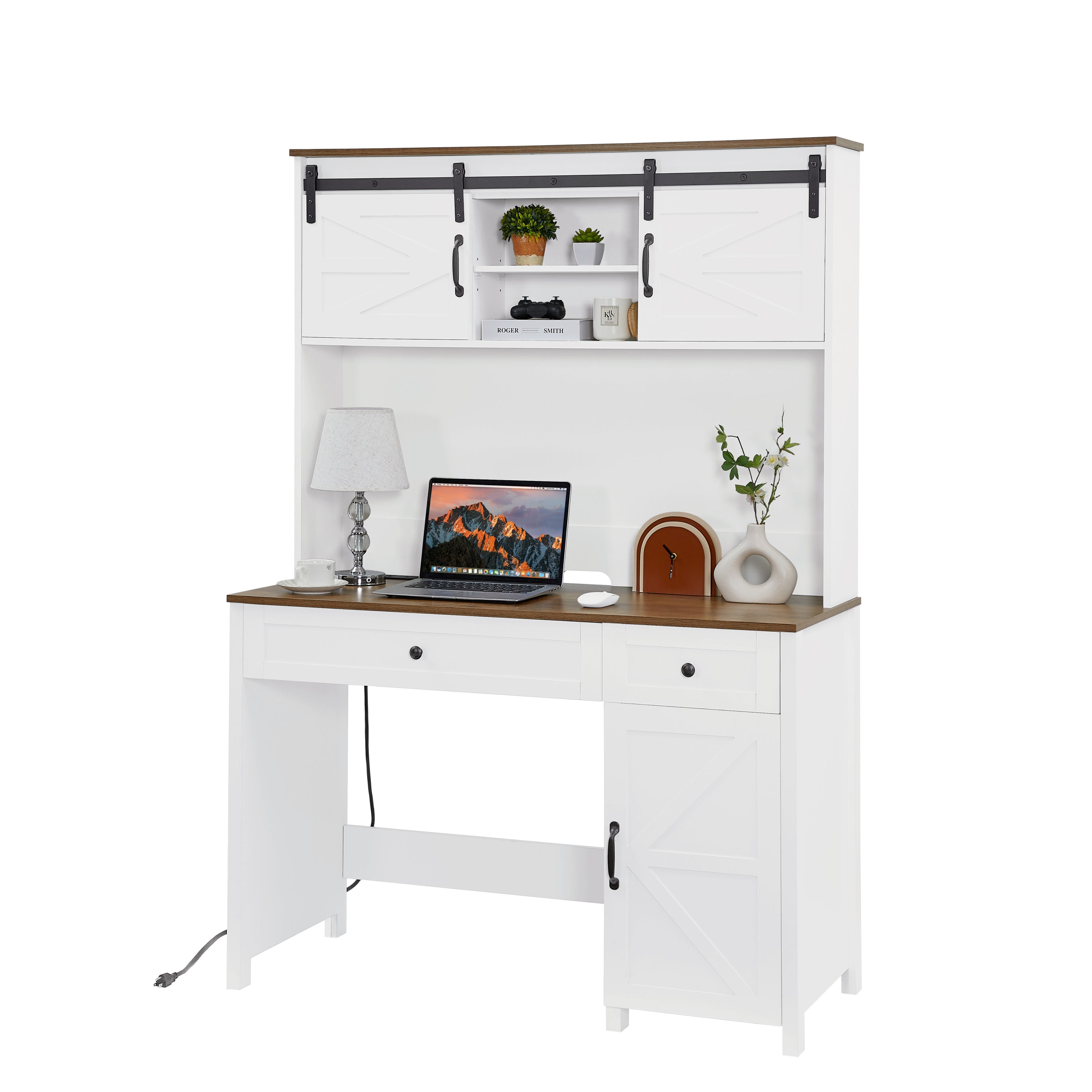 52" Farmhouse Executive Desk with Drawers, Wood Home Office Desk w/Charging Station, File Drawer, Storage Cabinet, Rustic Computer Writing Desk (Antique White)