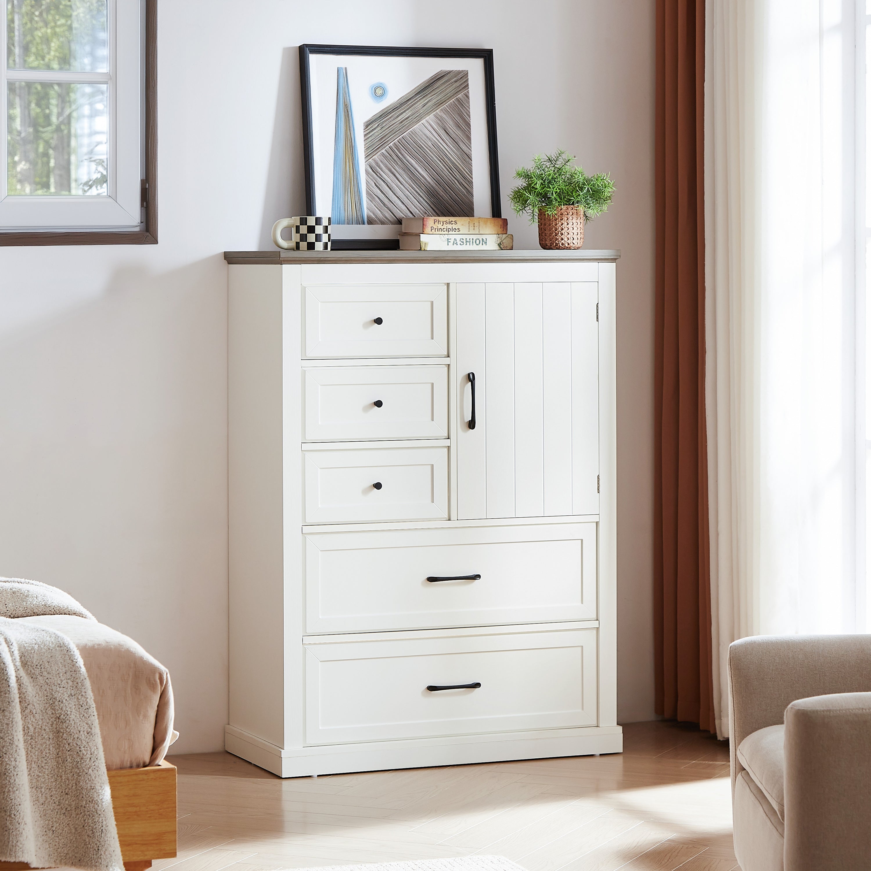 Farmhouse 5 Drawer Dresser for Bedroom, Tall Chest of Drawers, Chest of Drawers Organizer Storage,Wood Rustic Bedroom Dresser for Closet, Living Room, Hallway, White.