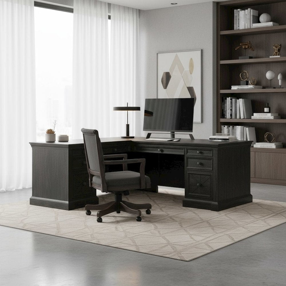 Wood L-Desk & Return, 8 Drawers, 2 Locking Files, Power Center, Brown