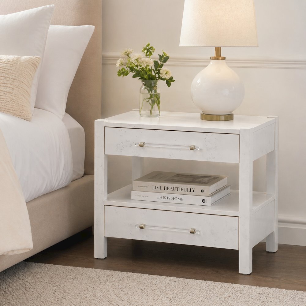 White Burl Wood Nightstand with 22-Inch Height and Modern Design
