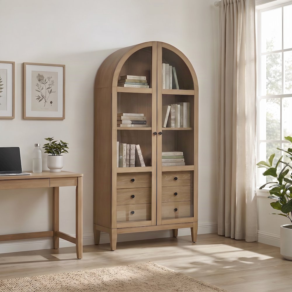 Wooden Arched Bookcase with Adjustable Shelves, Tall Console Bookcase for Home Office,Brown
