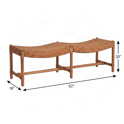 Rattan Bench with Woven Wicker Seat and H-Stretcher, Natural Rattan