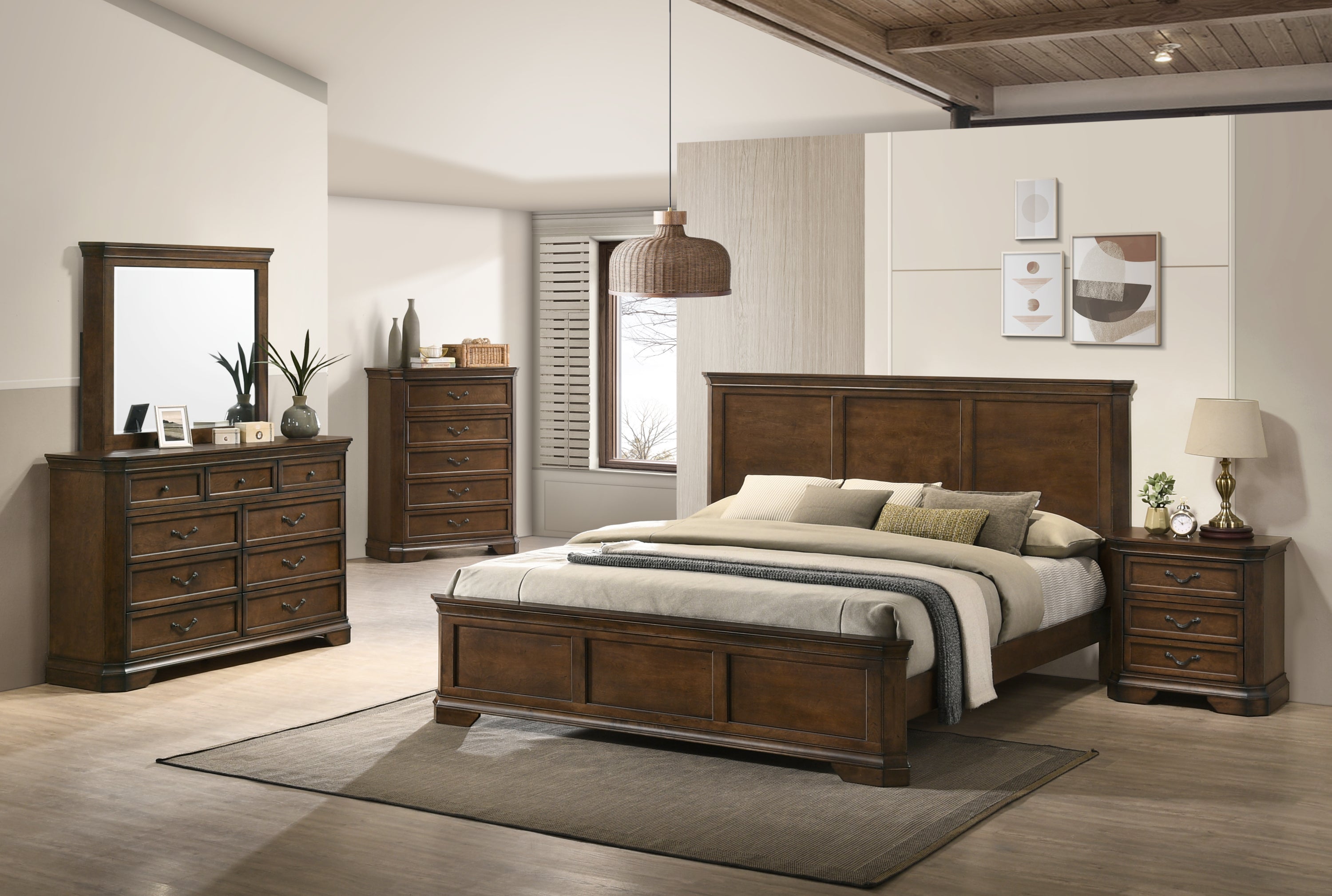 Maderne Traditional Wood Panel 5 pieces Queen Bed set with Dresser, Mirror, Nightstand and Chest