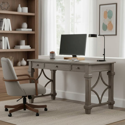 Wood Writing Desk, 3 Drawers, Power Center, Charging Shelf, Gray Finish