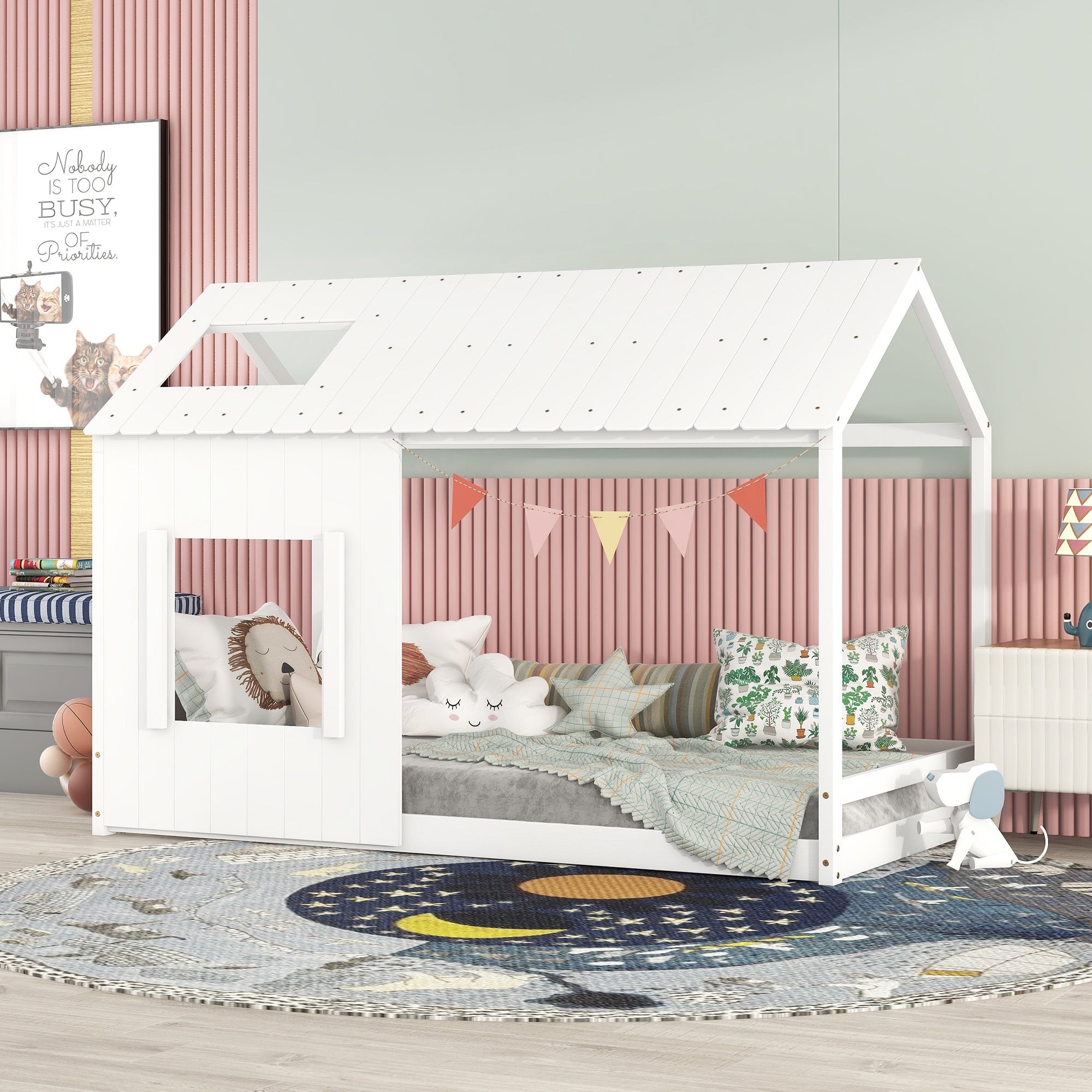 Twin Size House Bed with Roof and Window - White (Old SKU: WF296897AAK)