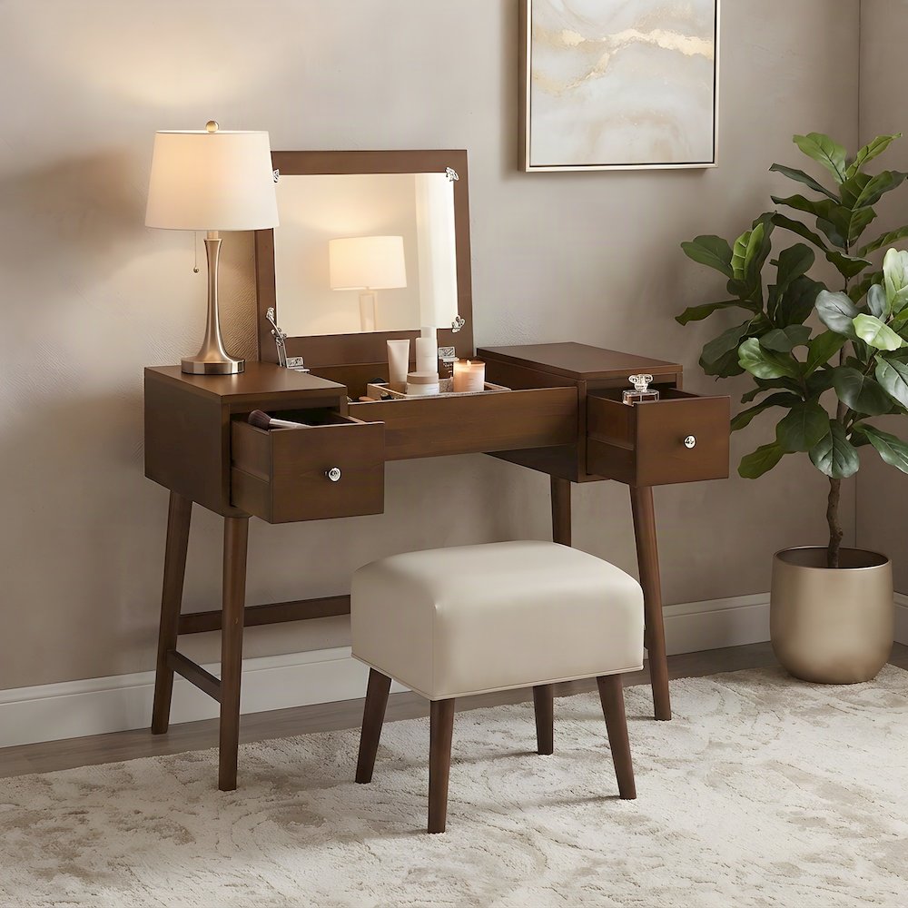 Birch Veneer Vanity Set with Flip-Top Mirror and Upholstered Stool, Brown