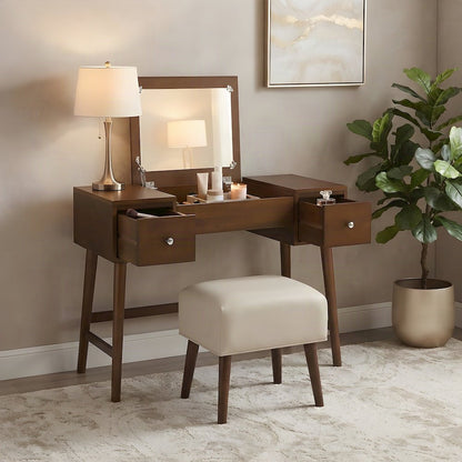 Birch Veneer Vanity Set with Flip-Top Mirror and Upholstered Stool, Brown