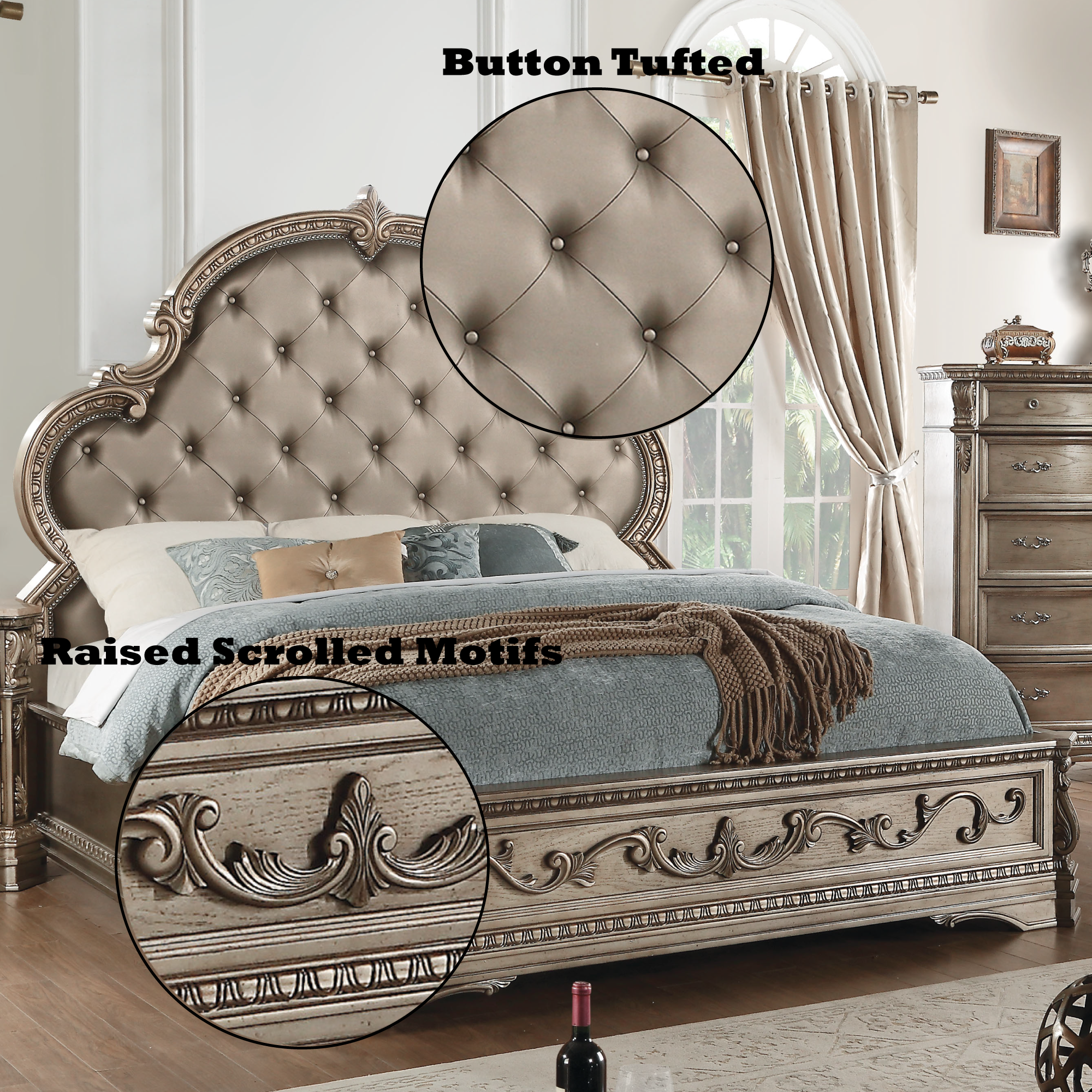 ACME Northville Eastern King Bed in PU & Antique Silver 26927EK