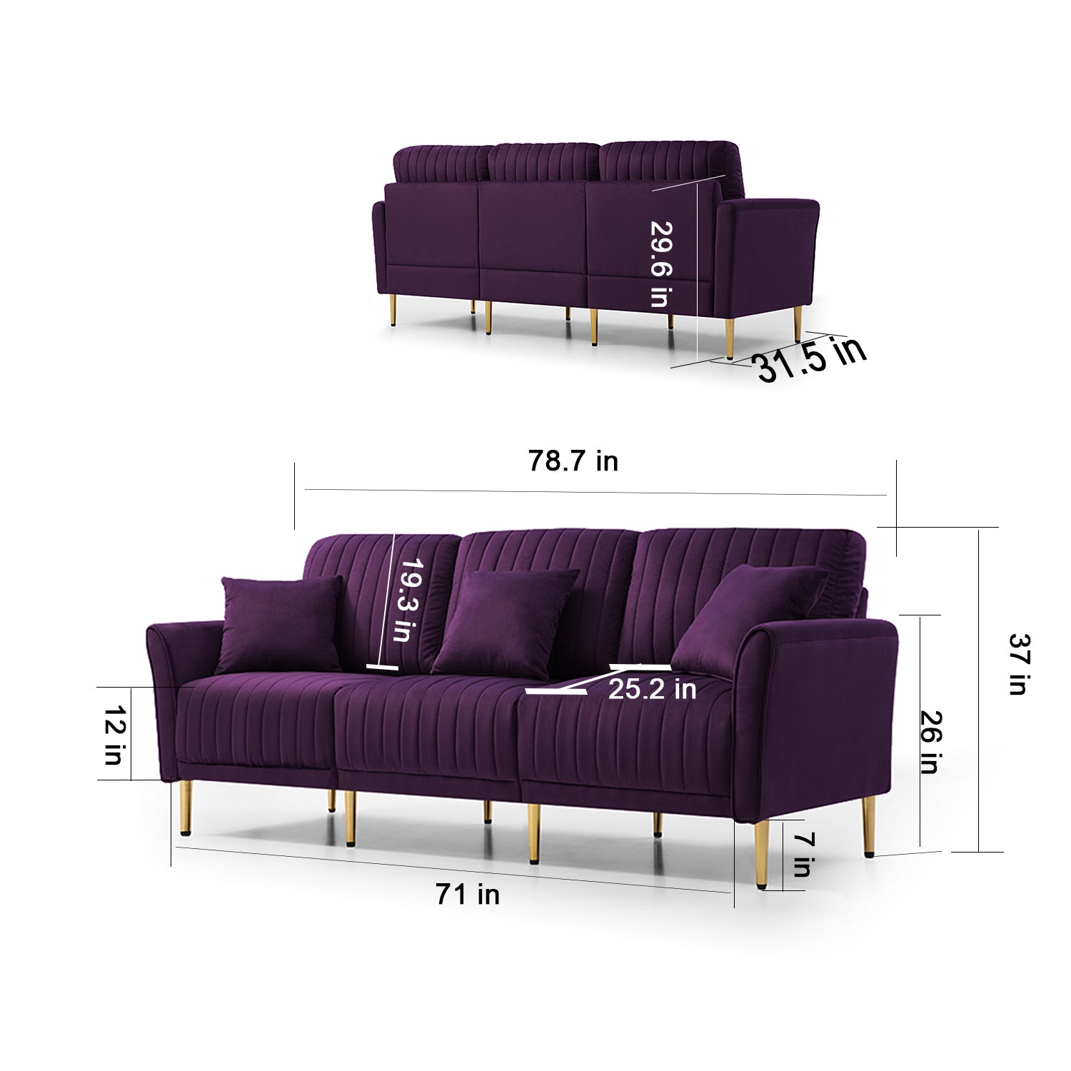 Living Room Sofa Velvet Upholstered Couch Furniture for Home or Office 3-Seat,Purple