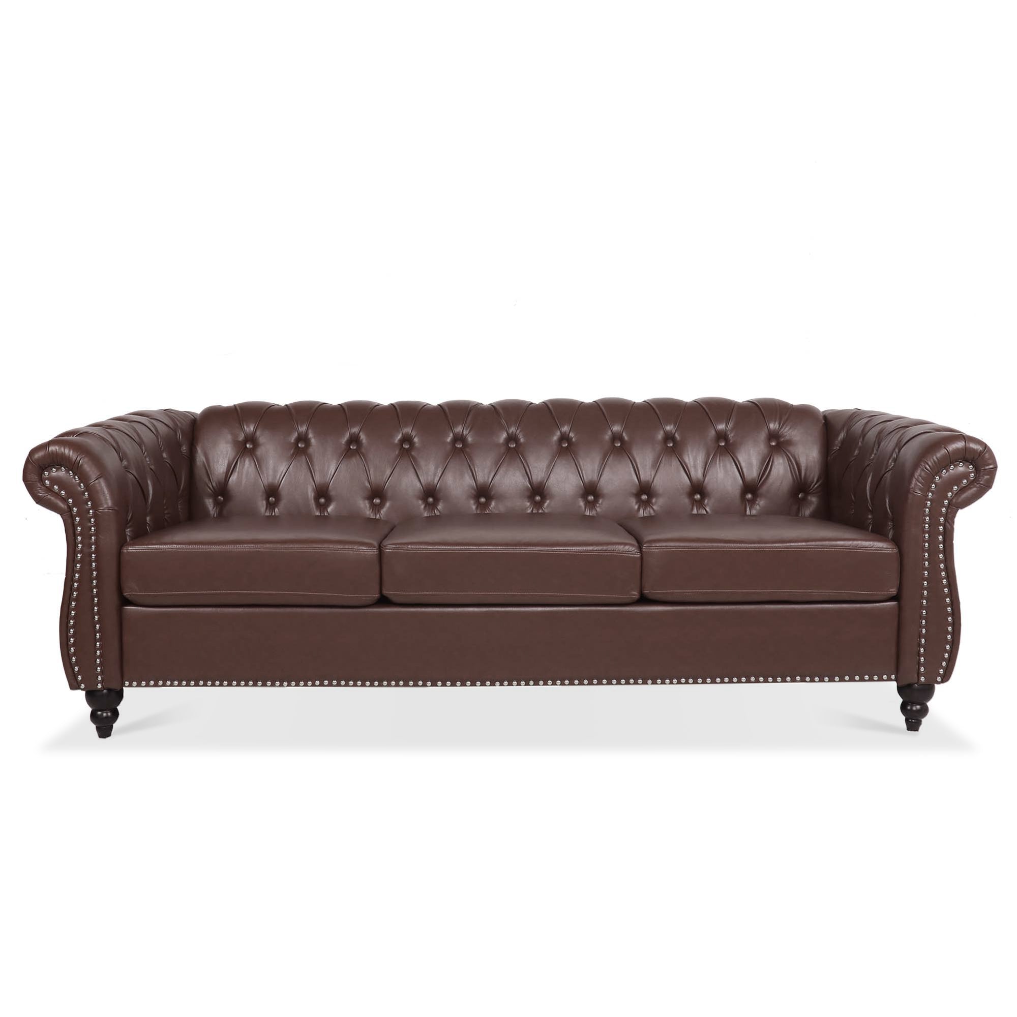 84.65" Dark Brown PU Rolled Arm Chesterfield Three Seater Sofa.