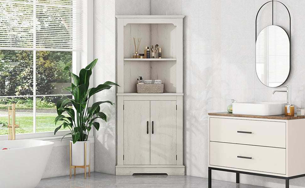 Tall Corner Cabinet with Doors for living room, bathroom,Dining Room or Kitchen,color:Wood grain beige