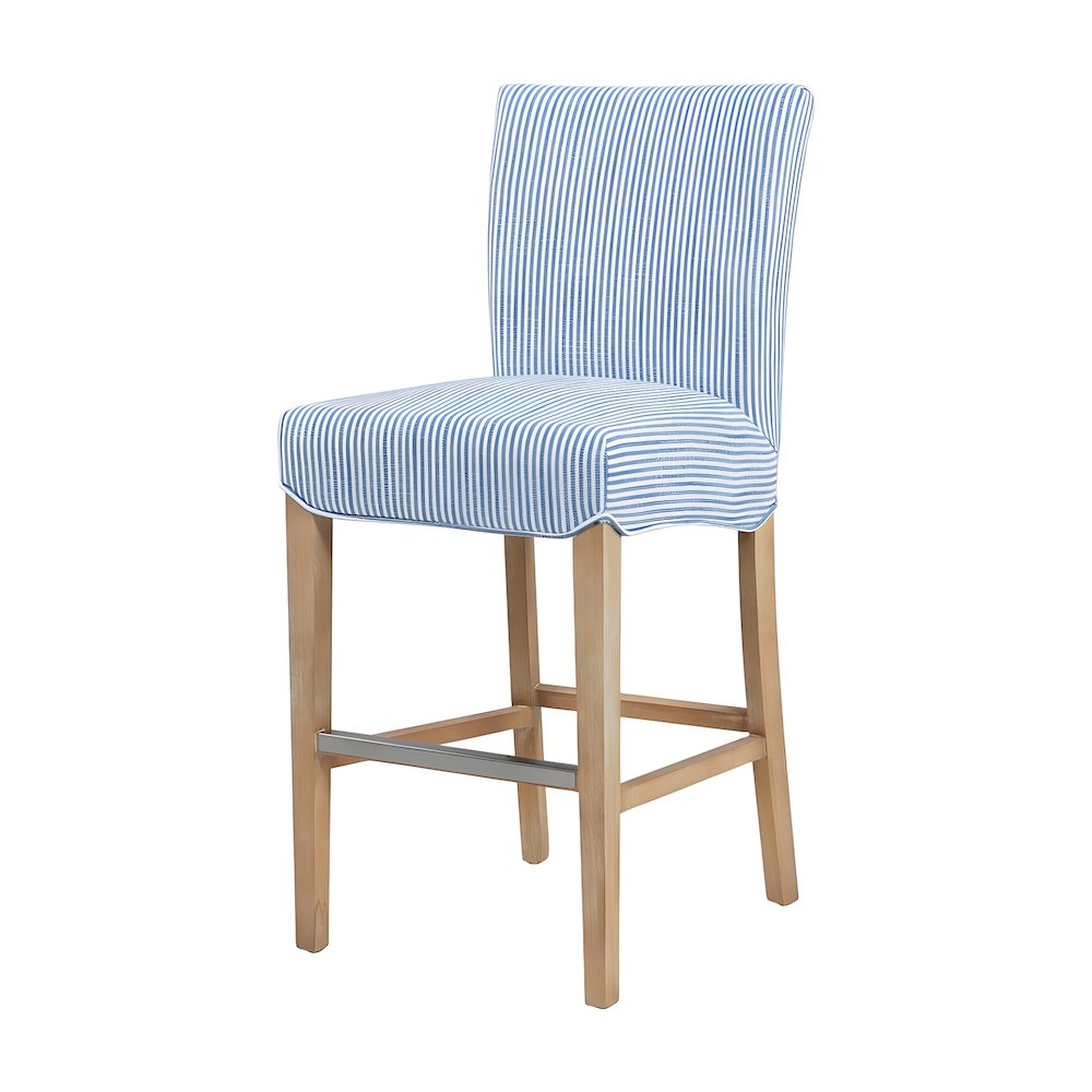 Fabric-Upholstered Bucket Seat Counter Stool with Birch Legs, Blue Stripes