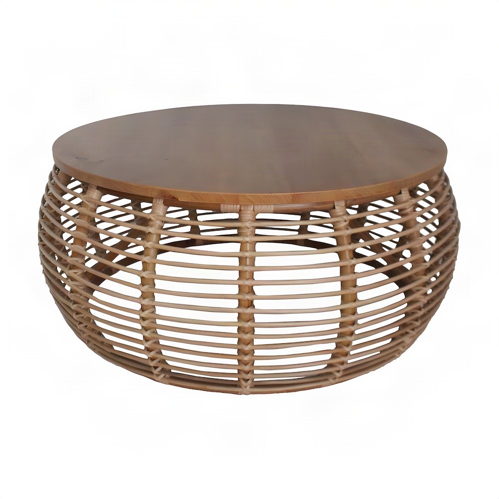 Solid Mindi Wood and Rattan Coffee Table, Fully Assembled Boho Accents, Honey