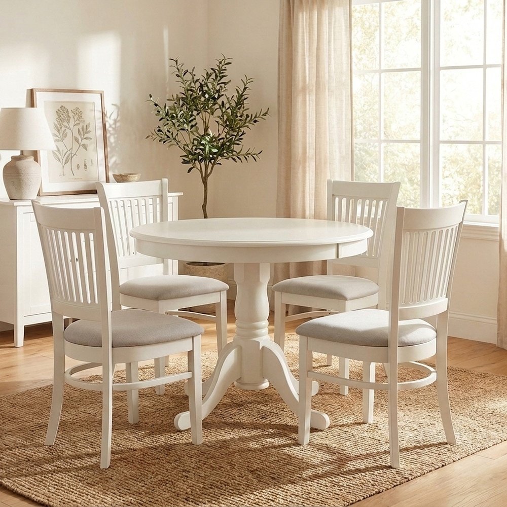 White Solid Wood 5 Pc Breakfast Nook Table Set, Chairs for Kitchen